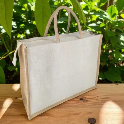 White Jute Bag with Brown Border & Zipper – Custom Branded Gift Bag